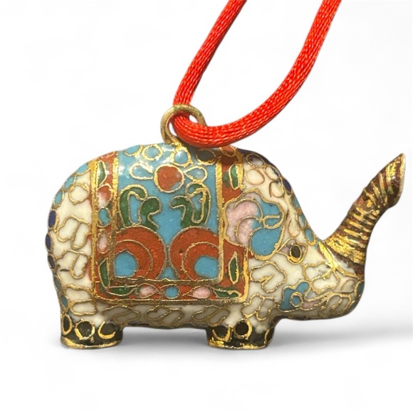 Vintage Jewelry - Vintage Cloisonné Enamel Lucky Trunk Up Elephant Pendant Necklace